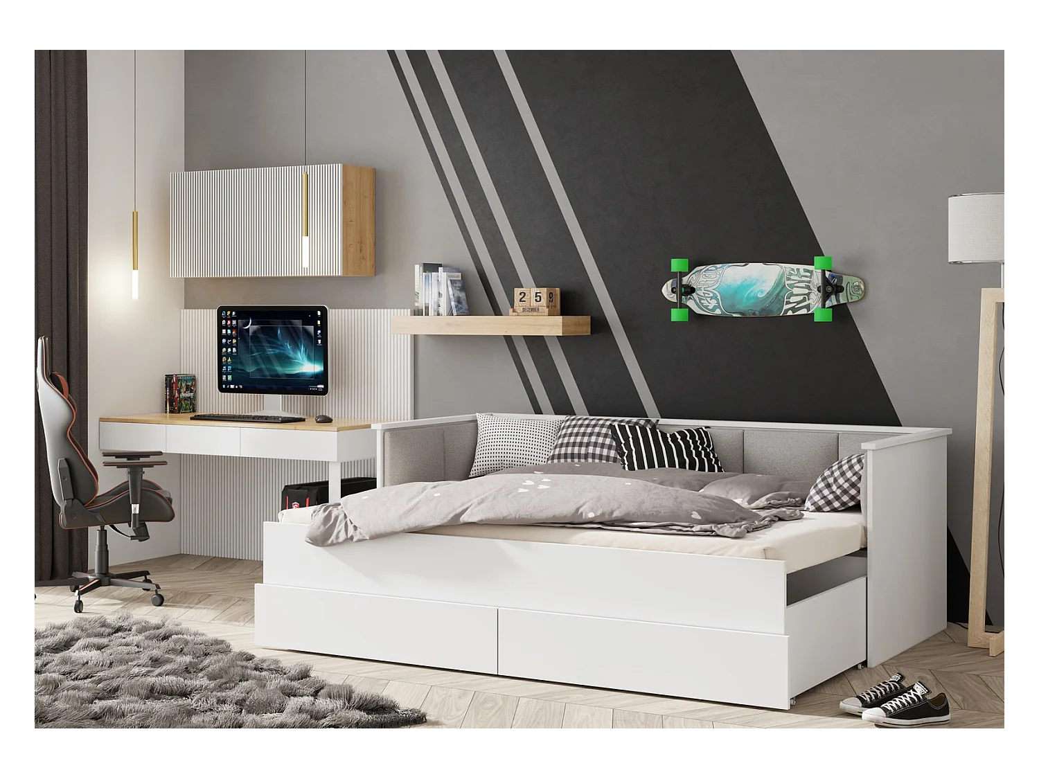 Cama Doble Blanca 200x160 cm Tapizada en Color Gris – Incluye Estructura, Base y 2 Colchones, Diseño Moderno y Robusto para Dormitorio Matrimonial