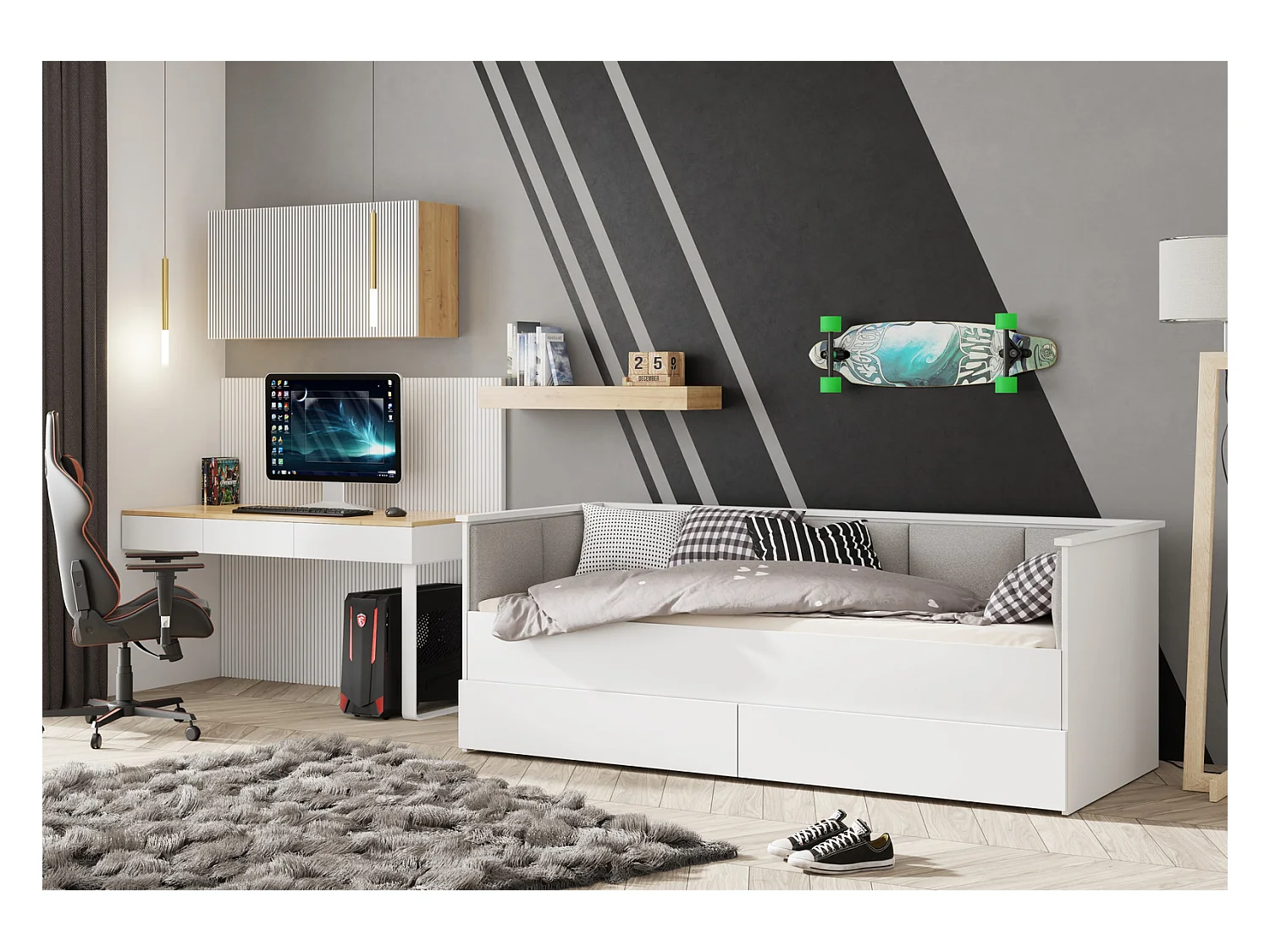 Cama Doble Blanca 200x160 cm Tapizada en Color Gris – Incluye Estructura, Base y 2 Colchones, Diseño Moderno y Robusto para Dormitorio Matrimonial