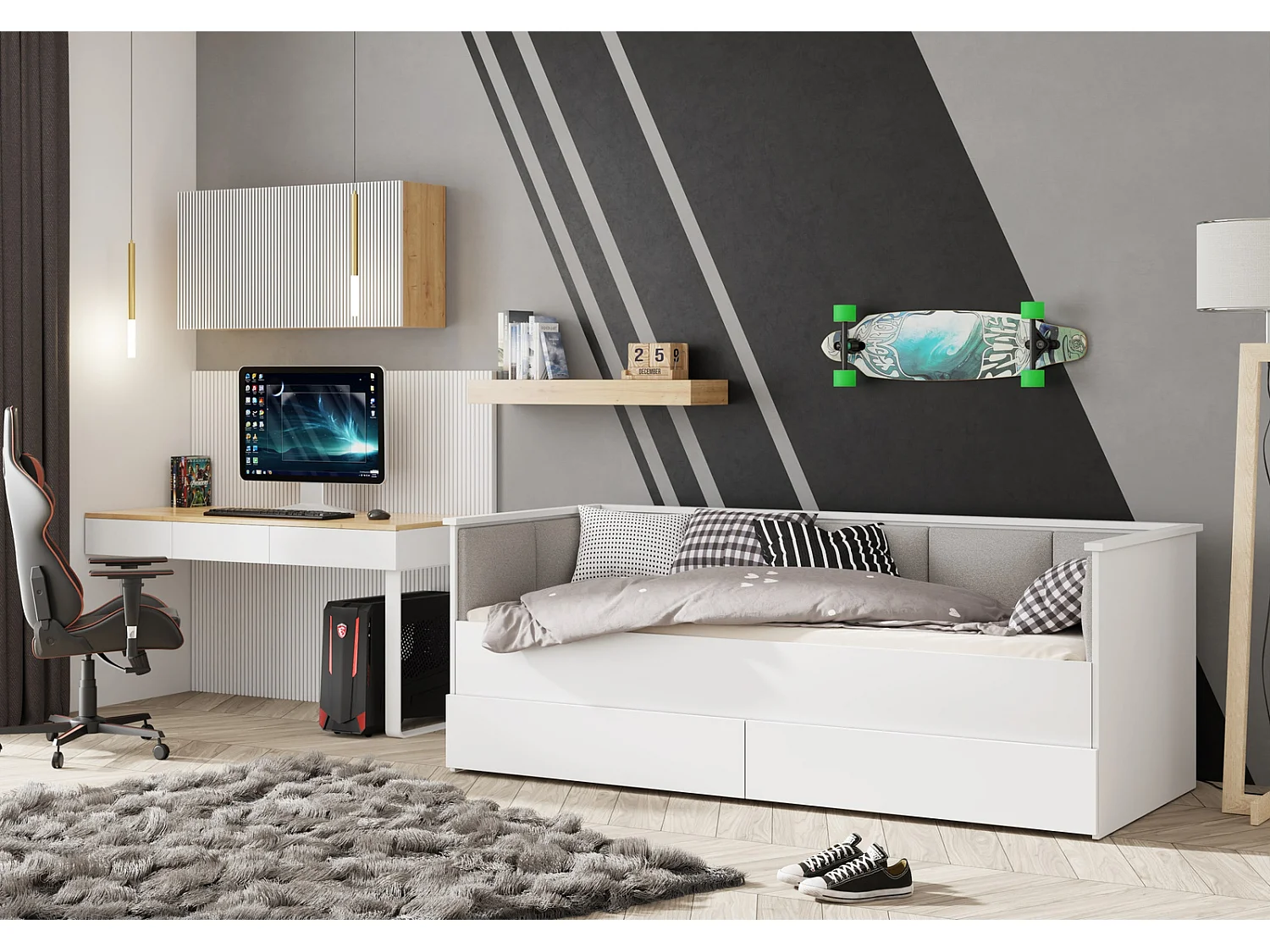 Cama Doble Blanca 200x160 cm Tapizada en Color Gris – Incluye Estructura, Base y 2 Colchones, Diseño Moderno y Robusto para Dormitorio Matrimonial