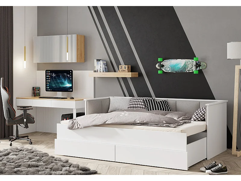 Cama Doble Blanca 200x160 cm Tapizada en Color Gris – Incluye Estructura, Base y 2 Colchones, Diseño Moderno y Robusto para Dormitorio Matrimonial