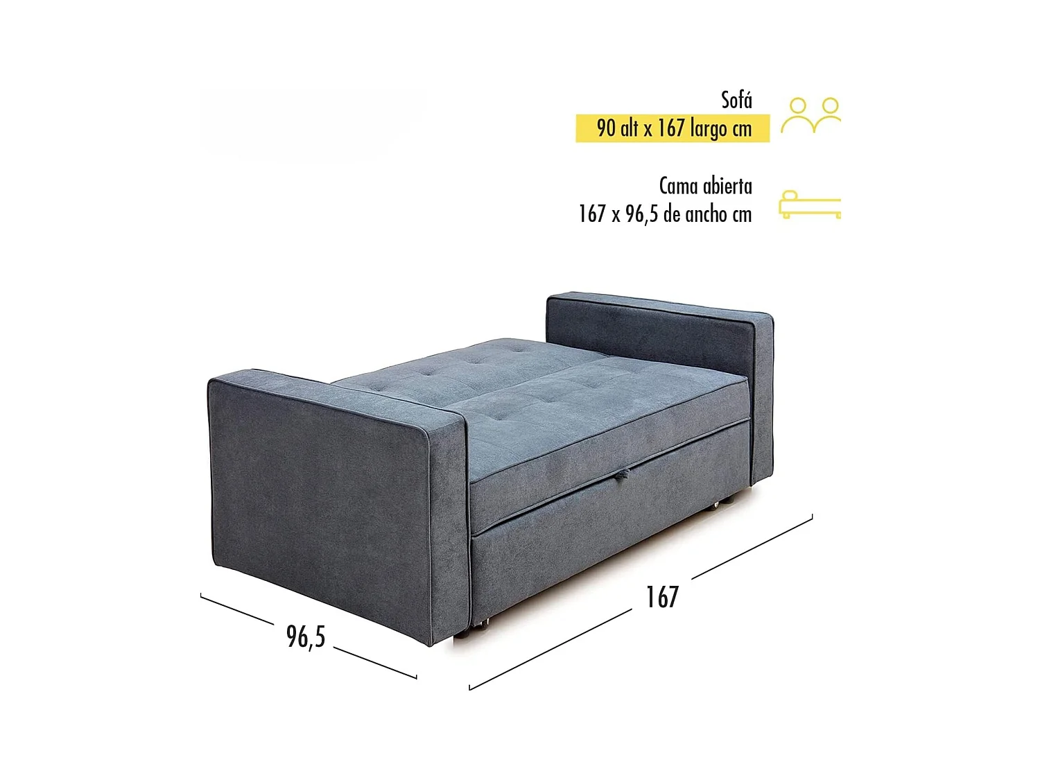 Sofá Cama 2 Plazas con Reposabrazos –  Convertible en Cama con Sistema de Arrastre, Tapizado Gris Moderno – 167x90x96,5 cm