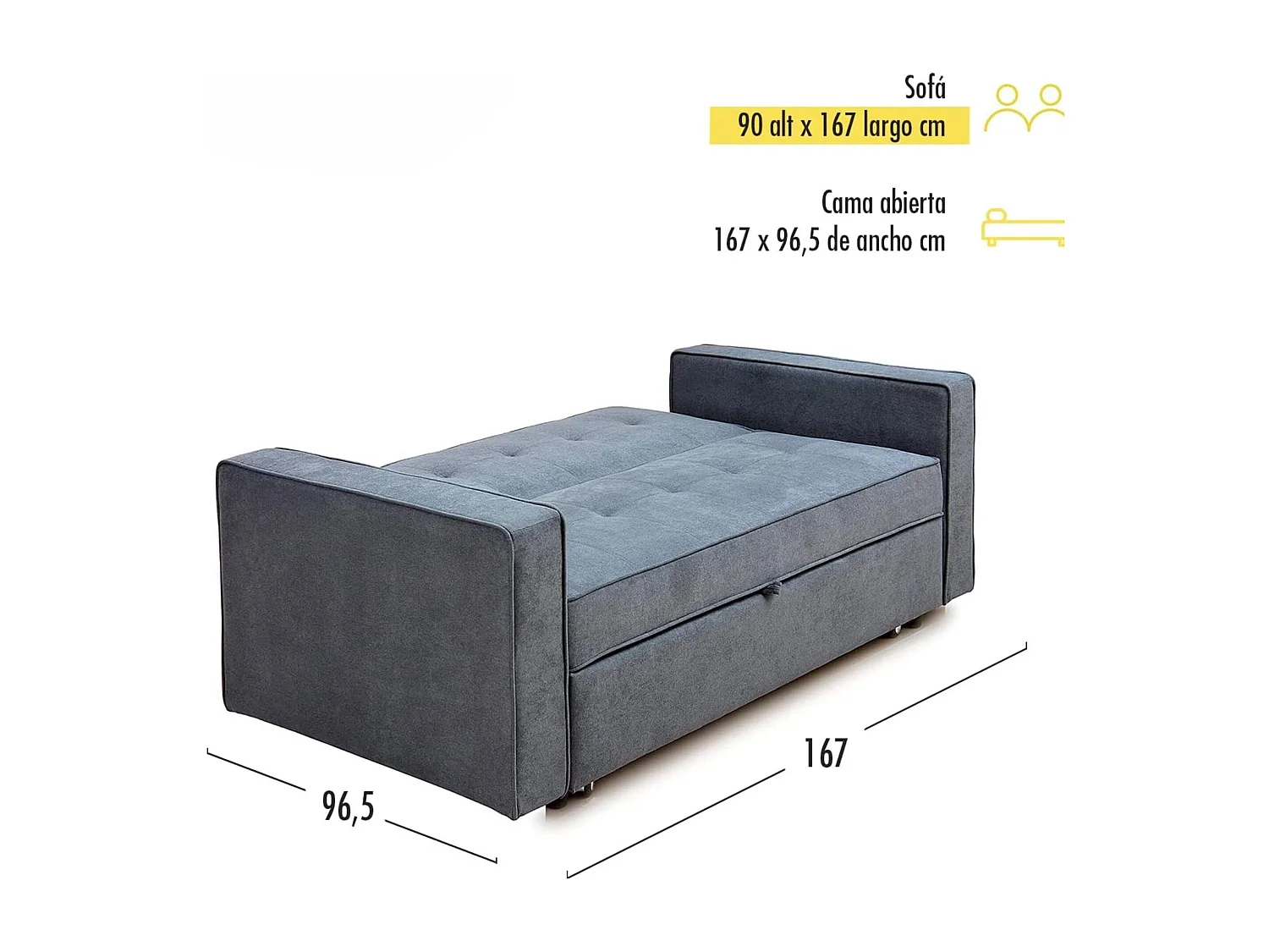 Sofá Cama 2 Plazas con Reposabrazos –  Convertible en Cama con Sistema de Arrastre, Tapizado Gris Moderno – 167x90x96,5 cm