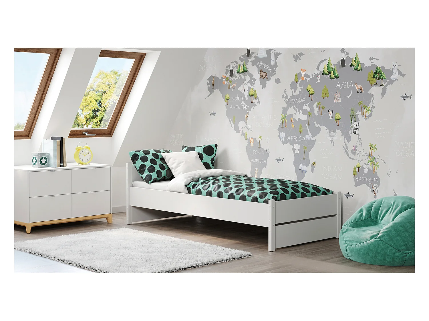 Cama Individual Blanca 200x90 cm – Incluye Colchón de Espuma 8 cm con Funda Extraíble, Estructura Completa y Accesorios, Dimensiones 207x97x65 cm