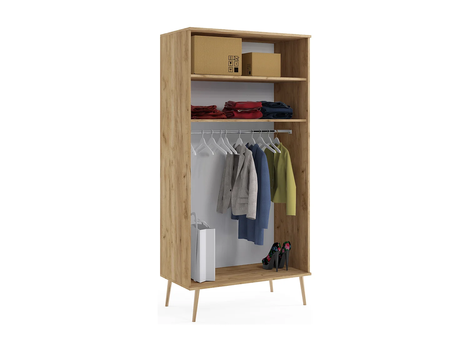 Armario Color Roble Estilo Escandinavo – 2 Estantes y Barra – Disponible para Salón o Dormitorio 202x100x52 cm