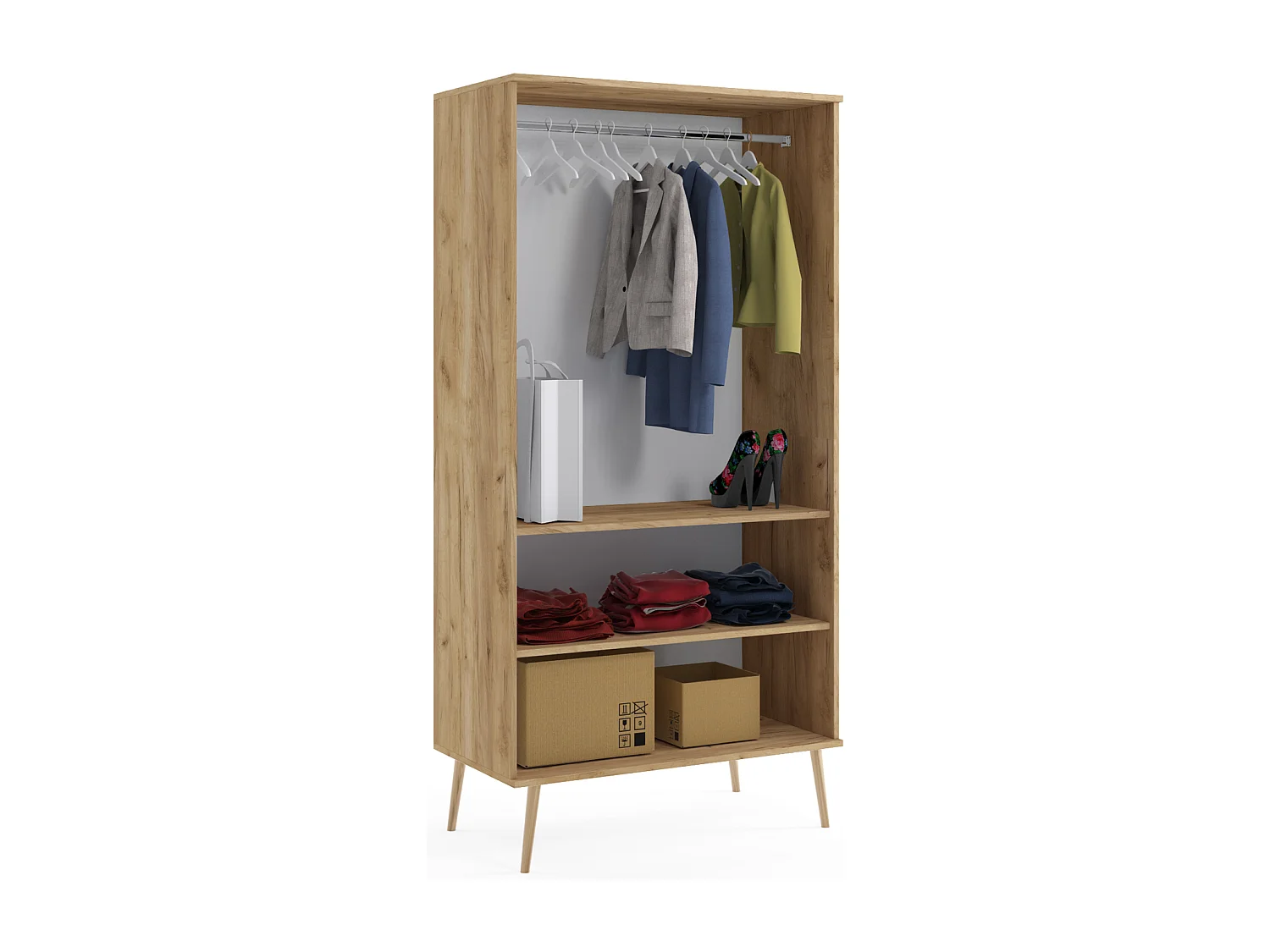 Armario Color Roble Estilo Escandinavo – 2 Estantes y Barra – Disponible para Salón o Dormitorio 202x100x52 cm