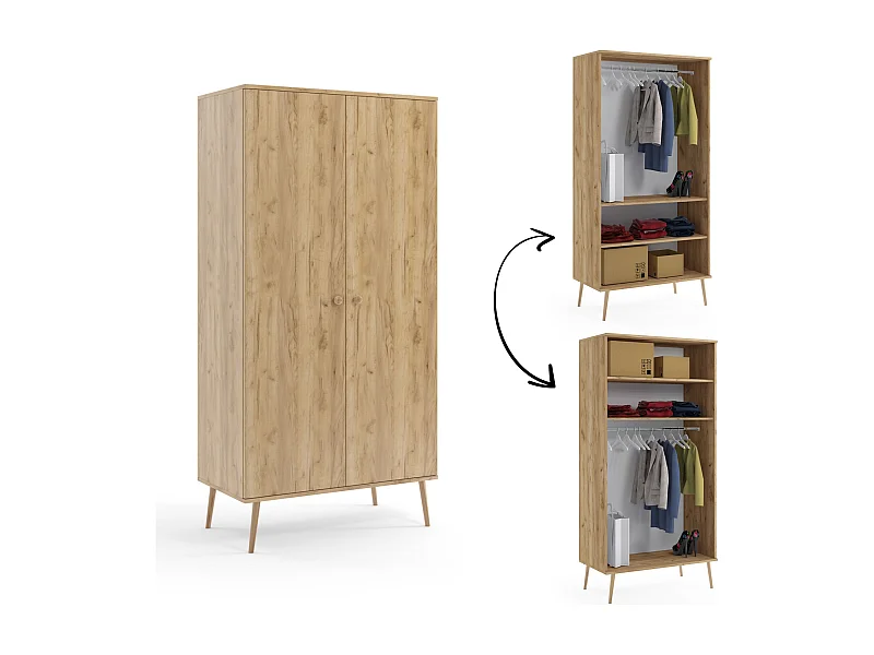 Armario Color Roble Estilo Escandinavo – 2 Estantes y Barra – Disponible para Salón o Dormitorio 202x100x52 cm