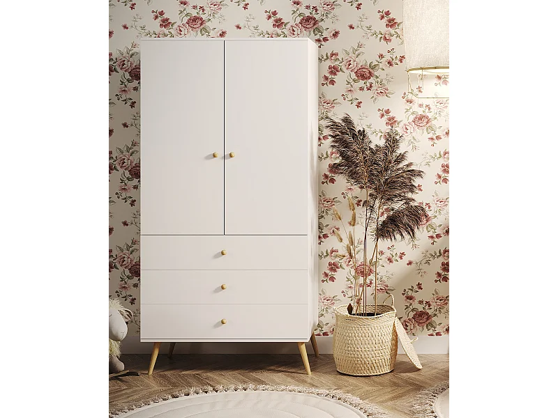 Armario Blanco con 3 Cajones y Barra – Patas de Madera – 202x100x52 cm – Estilo Escandinavo