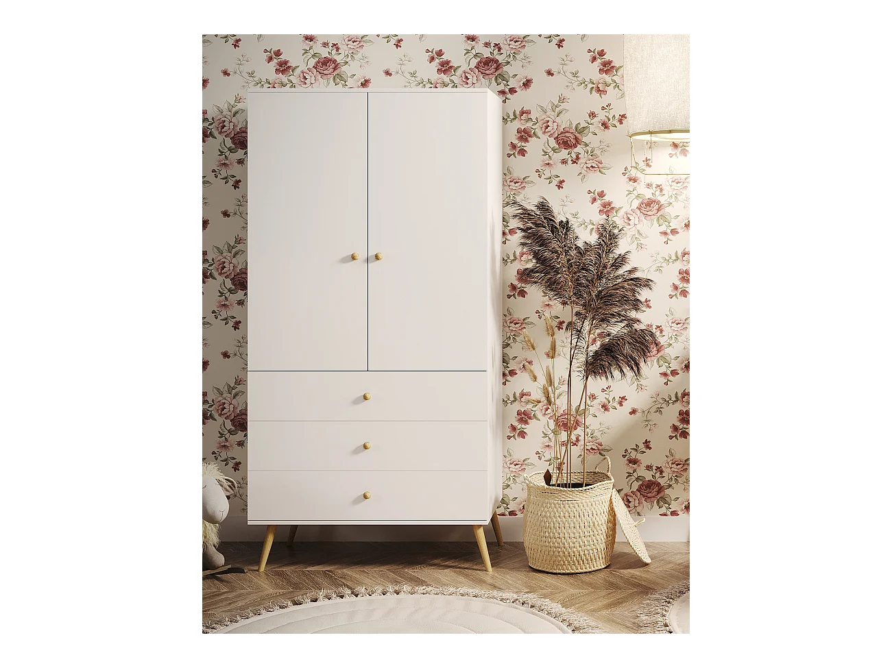 Armario Blanco con 3 Cajones y Barra – Patas de Madera – 202x100x52 cm – Estilo Escandinavo