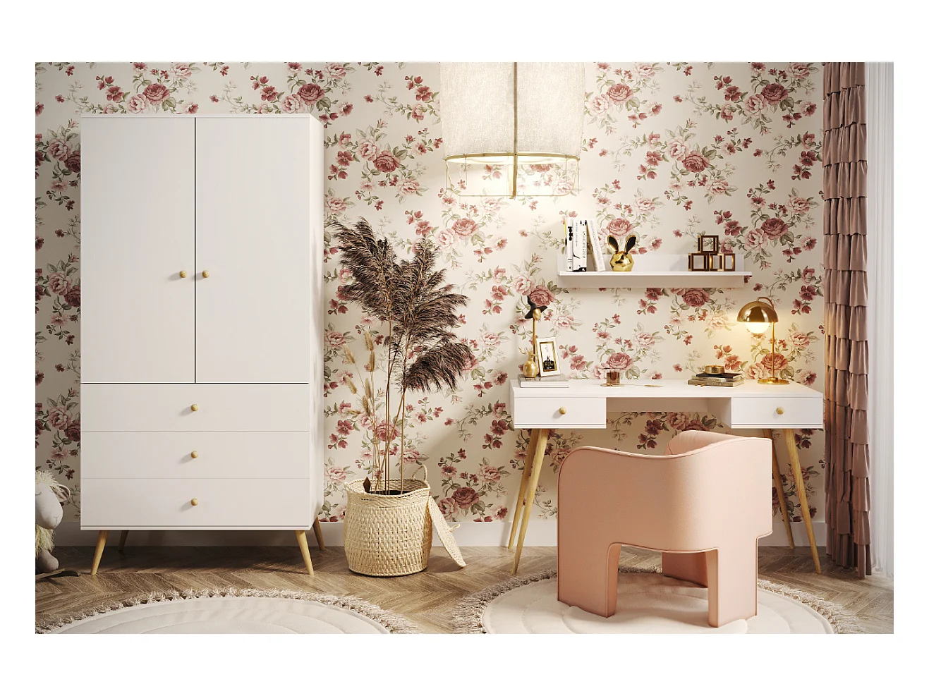 Armario Blanco con 3 Cajones y Barra – Patas de Madera – 202x100x52 cm – Estilo Escandinavo