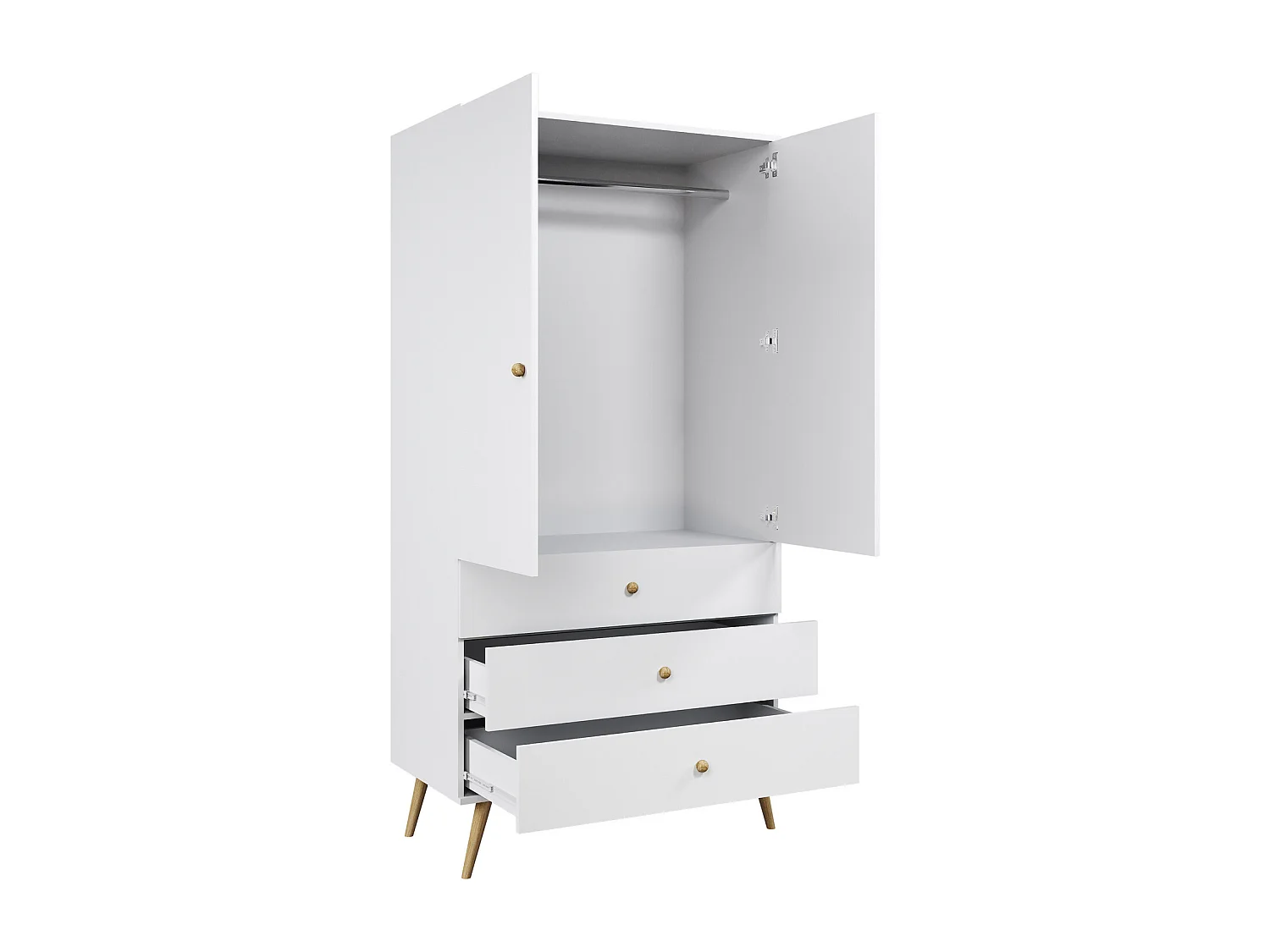 Armario Blanco con 3 Cajones y Barra – Patas de Madera – 202x100x52 cm – Estilo Escandinavo