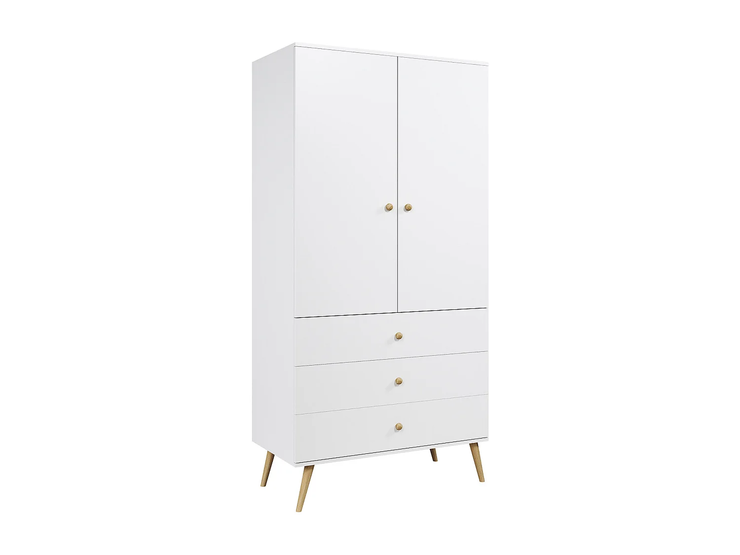 Armario Blanco con 3 Cajones y Barra – Patas de Madera – 202x100x52 cm – Estilo Escandinavo