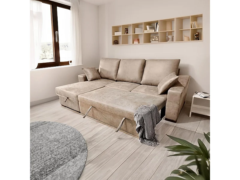 Sofá Cama 3 Plazas Reversible con Chaiselongue y Almacenaje, Tapizado en Tela Piedra, 253x95x156 cm