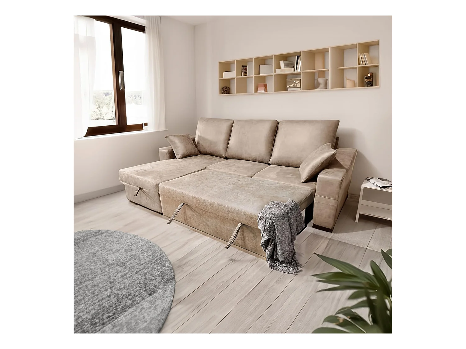 Sofá Cama 3 Plazas Reversible con Chaiselongue y Almacenaje, Tapizado en Tela Piedra, 253x95x156 cm