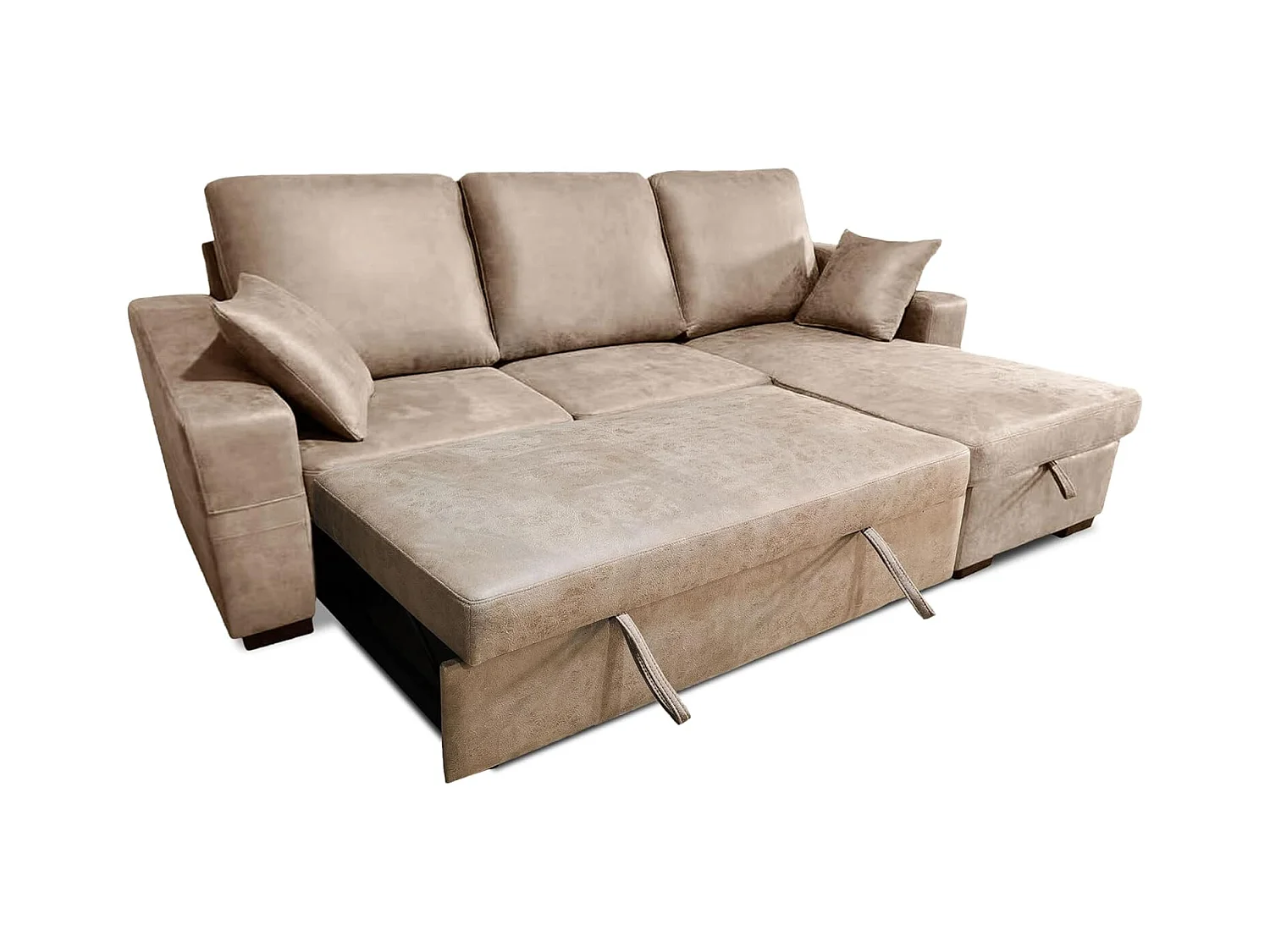 Sofá Cama 3 Plazas Reversible con Chaiselongue y Almacenaje, Tapizado en Tela Piedra, 253x95x156 cm