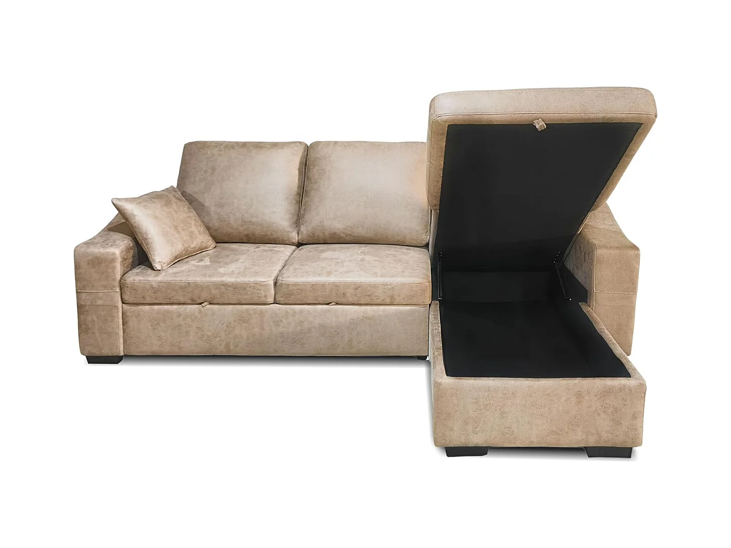 Sofá Cama 3 Plazas Reversible con Chaiselongue y Almacenaje, Tapizado en Tela Piedra, 253x95x156 cm