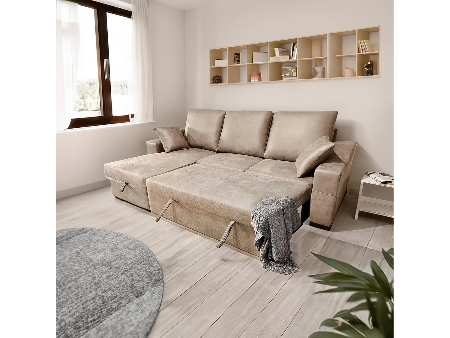 Sofá Cama 3 Plazas Reversible con Chaiselongue y Almacenaje, Tapizado en Tela Piedra, 253x95x156 cm