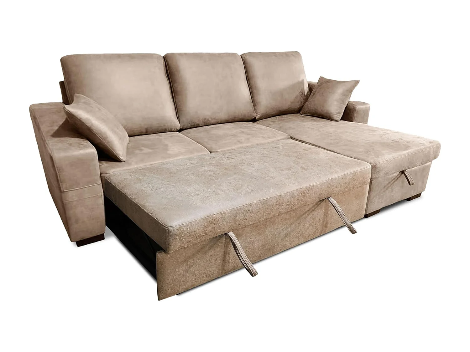 Sofá Cama 3 Plazas Reversible con Chaiselongue y Almacenaje, Tapizado en Tela Piedra, 253x95x156 cm