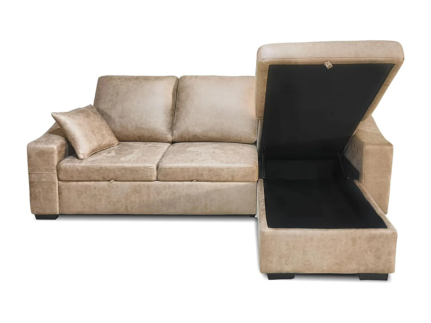 Sofá Cama 3 Plazas Reversible con Chaiselongue y Almacenaje, Tapizado en Tela Piedra, 253x95x156 cm