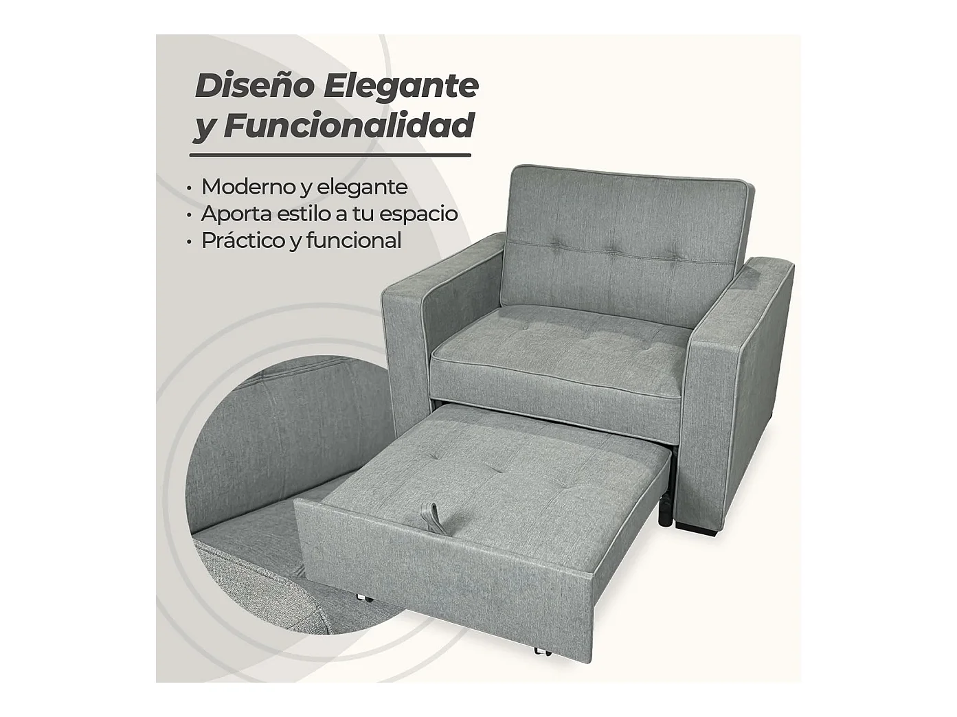 Sofá Cama Individual 1 Plaza – Convertible con Sistema de Arrastre, Tapizado Gris Moderno, Compacto y Funcional – 112x88x94 cm