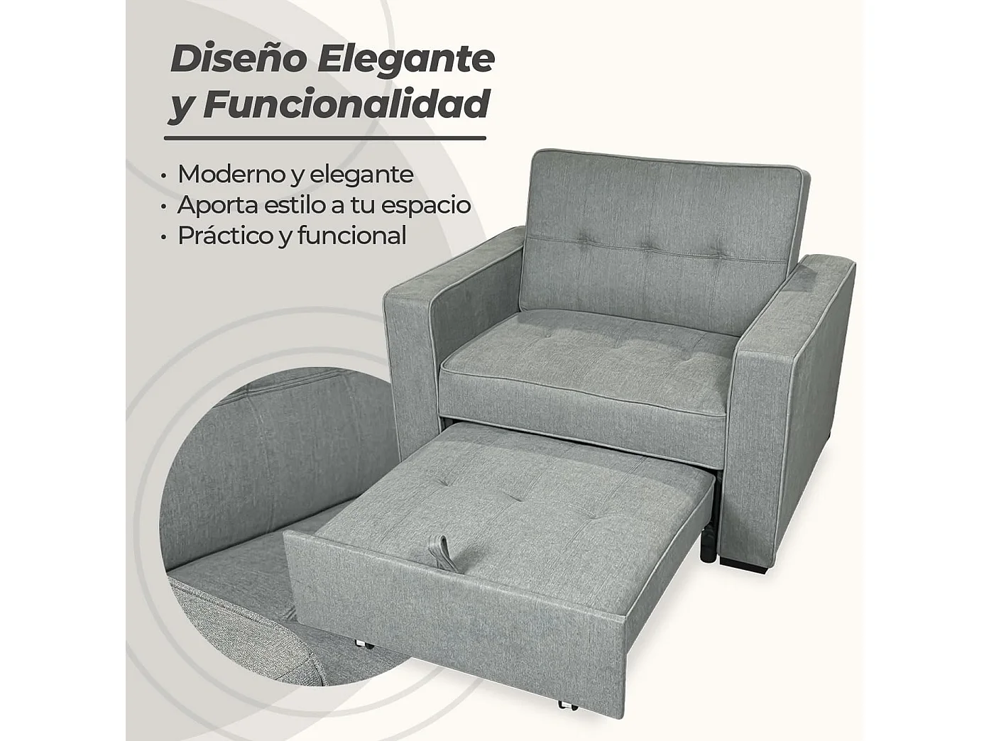 Sofá Cama Individual 1 Plaza – Convertible con Sistema de Arrastre, Tapizado Gris Moderno, Compacto y Funcional – 112x88x94 cm