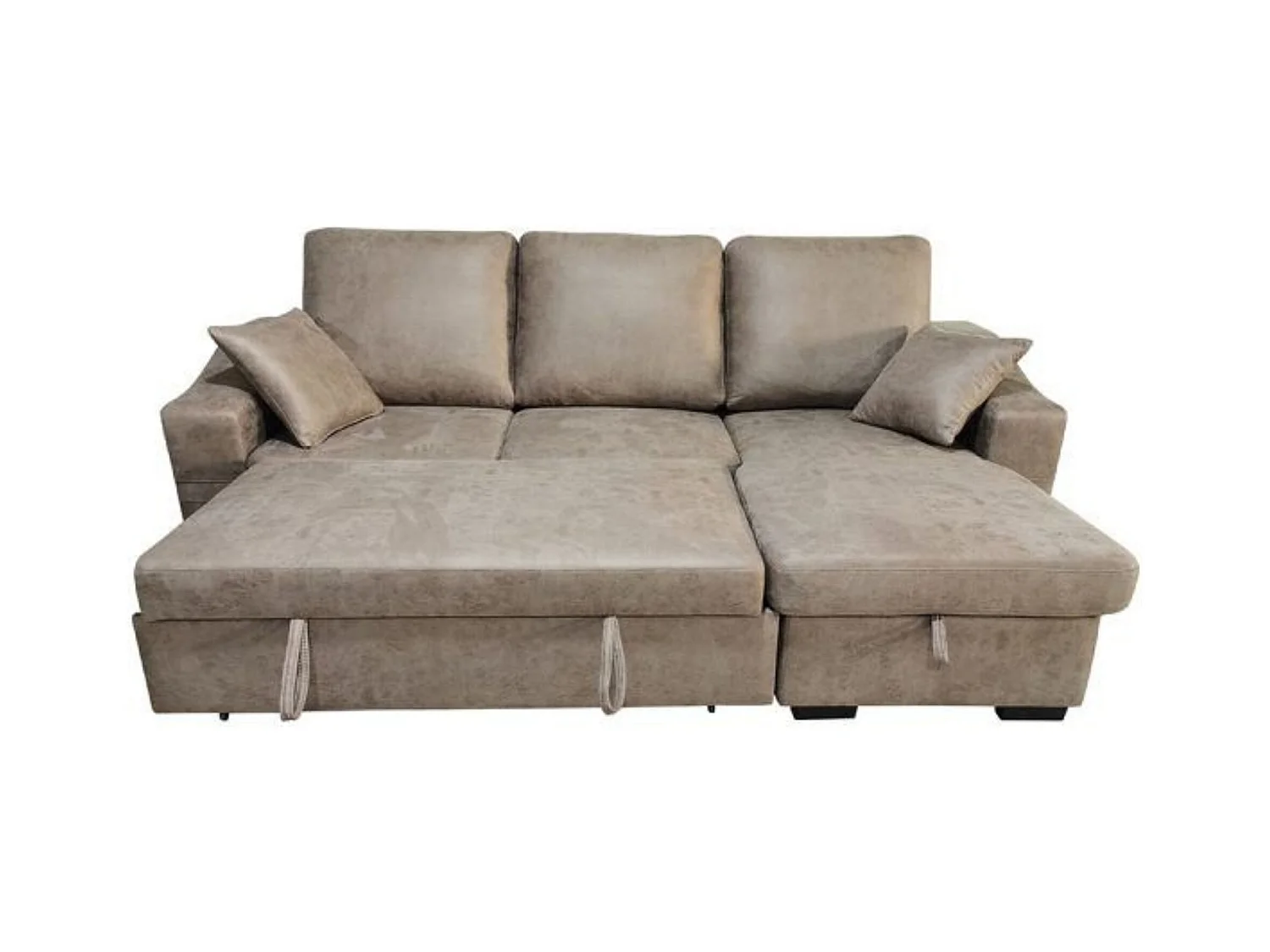 Sofá Cama 3 Plazas Reversible con Chaiselongue y Almacenaje, Tapizado en Tela Cemento, 253x95x156 cm