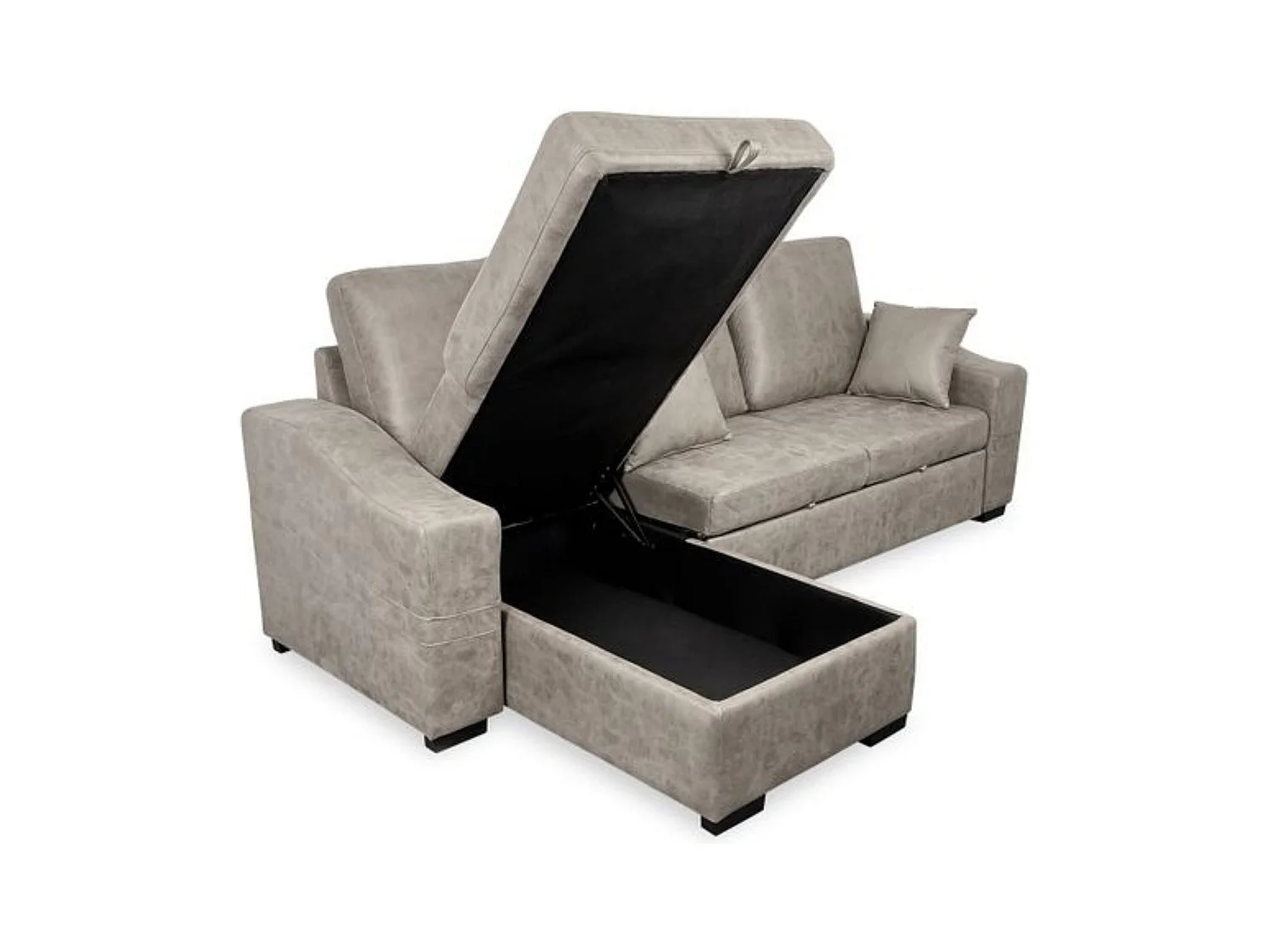 Sofá Cama 3 Plazas Reversible con Chaiselongue y Almacenaje, Tapizado en Tela Cemento, 253x95x156 cm