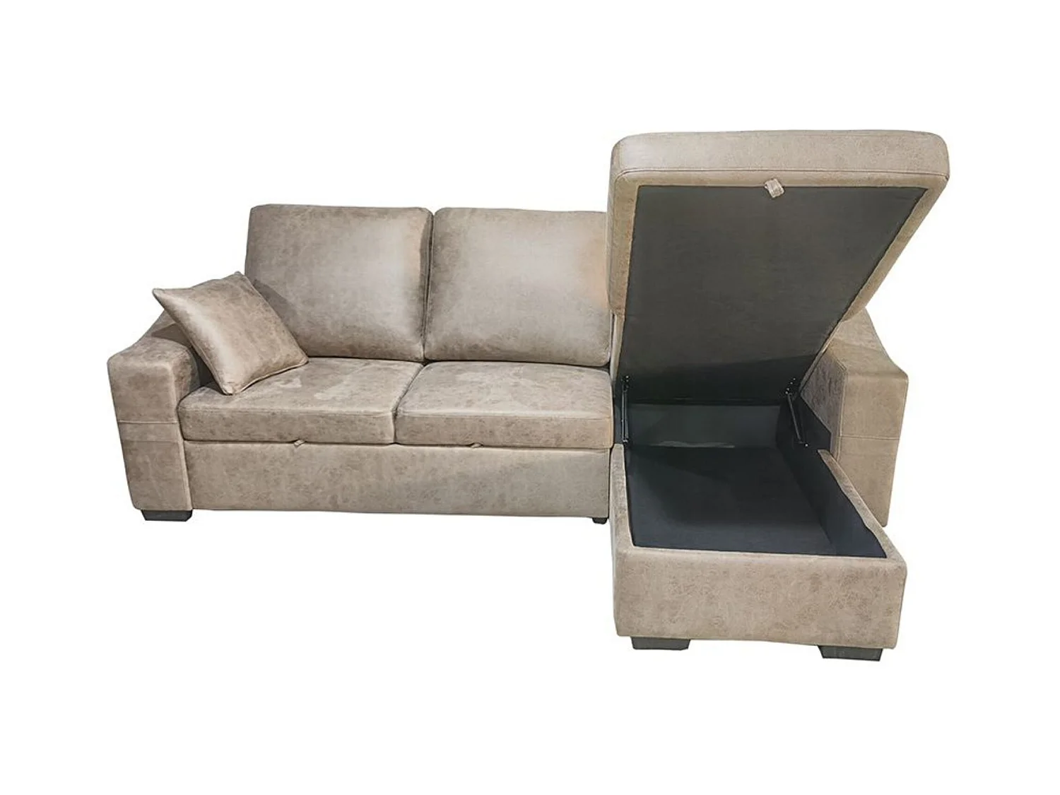 Sofá Cama 3 Plazas Reversible con Chaiselongue y Almacenaje, Tapizado en Tela Cemento, 253x95x156 cm