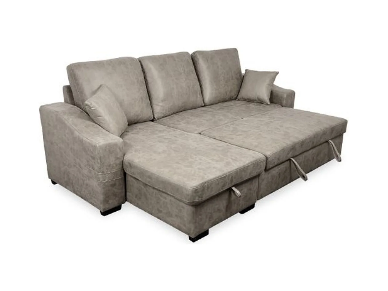 Sofá Cama 3 Plazas Reversible con Chaiselongue y Almacenaje, Tapizado en Tela Cemento, 253x95x156 cm