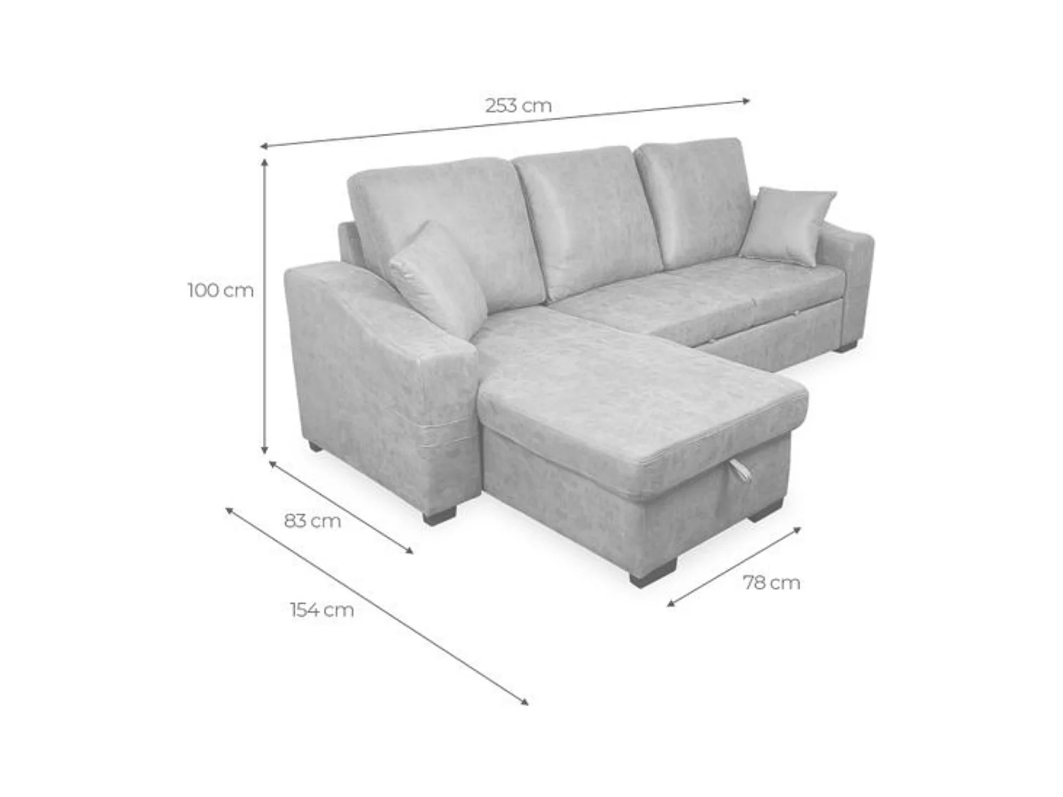 Sofá Cama 3 Plazas Reversible con Chaiselongue y Almacenaje, Tapizado en Tela Cemento, 253x95x156 cm