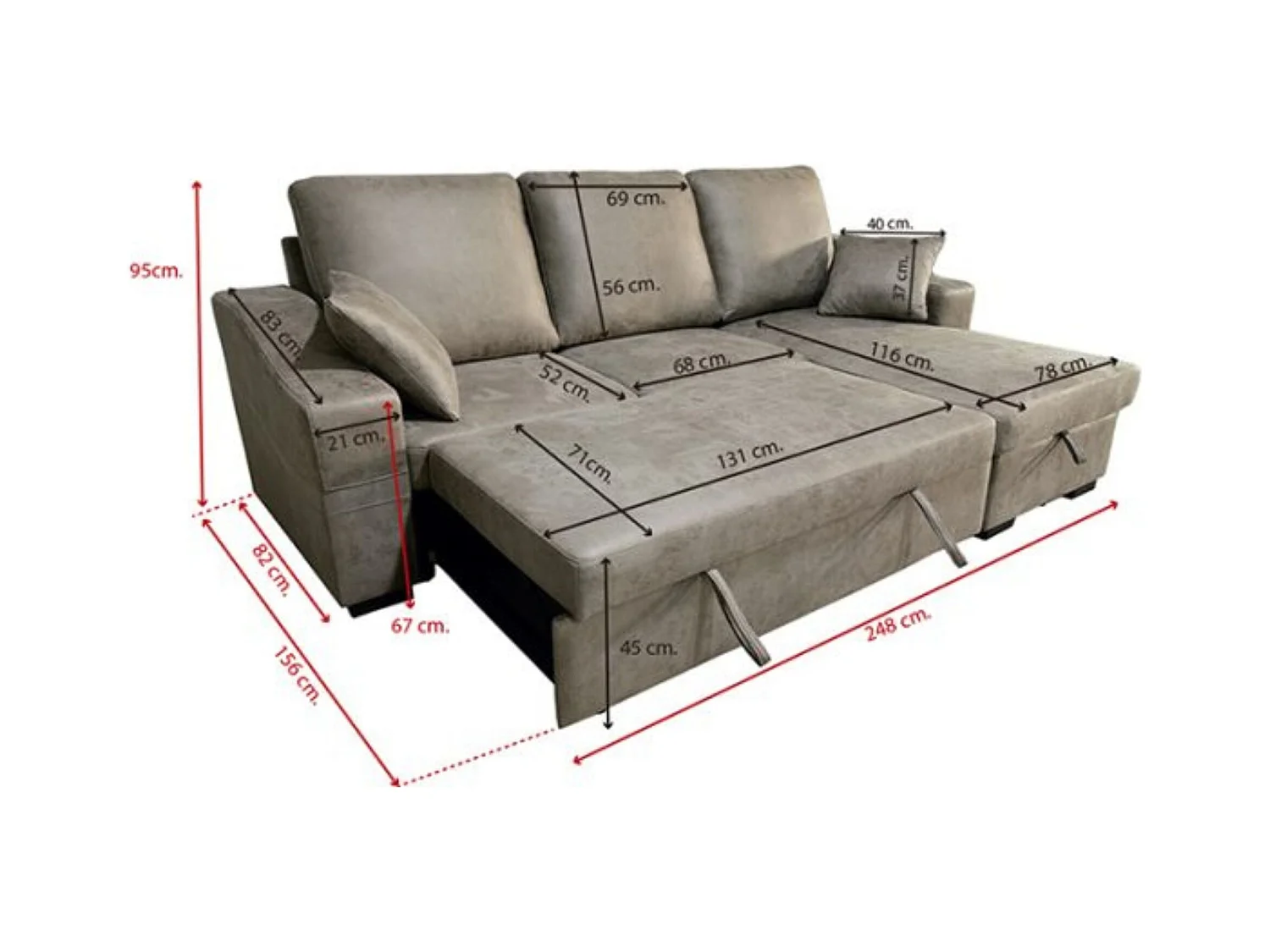 Sofá Cama 3 Plazas Reversible con Chaiselongue y Almacenaje, Tapizado en Tela Cemento, 253x95x156 cm