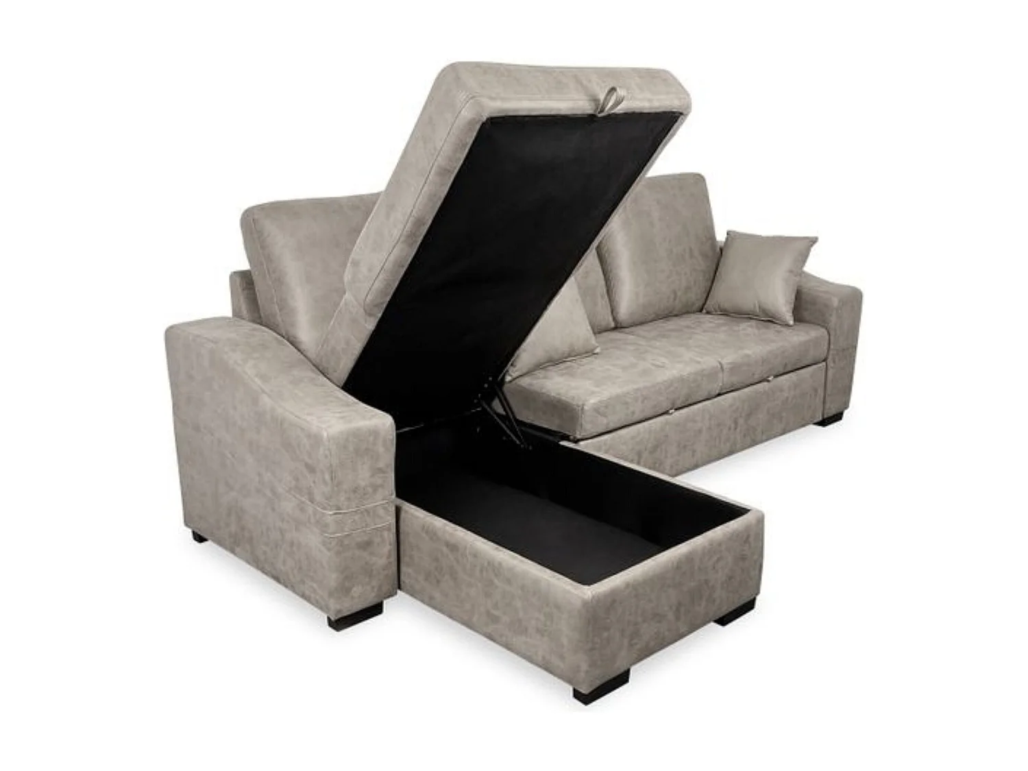 Sofá Cama 3 Plazas Reversible con Chaiselongue y Almacenaje, Tapizado en Tela Cemento, 253x95x156 cm