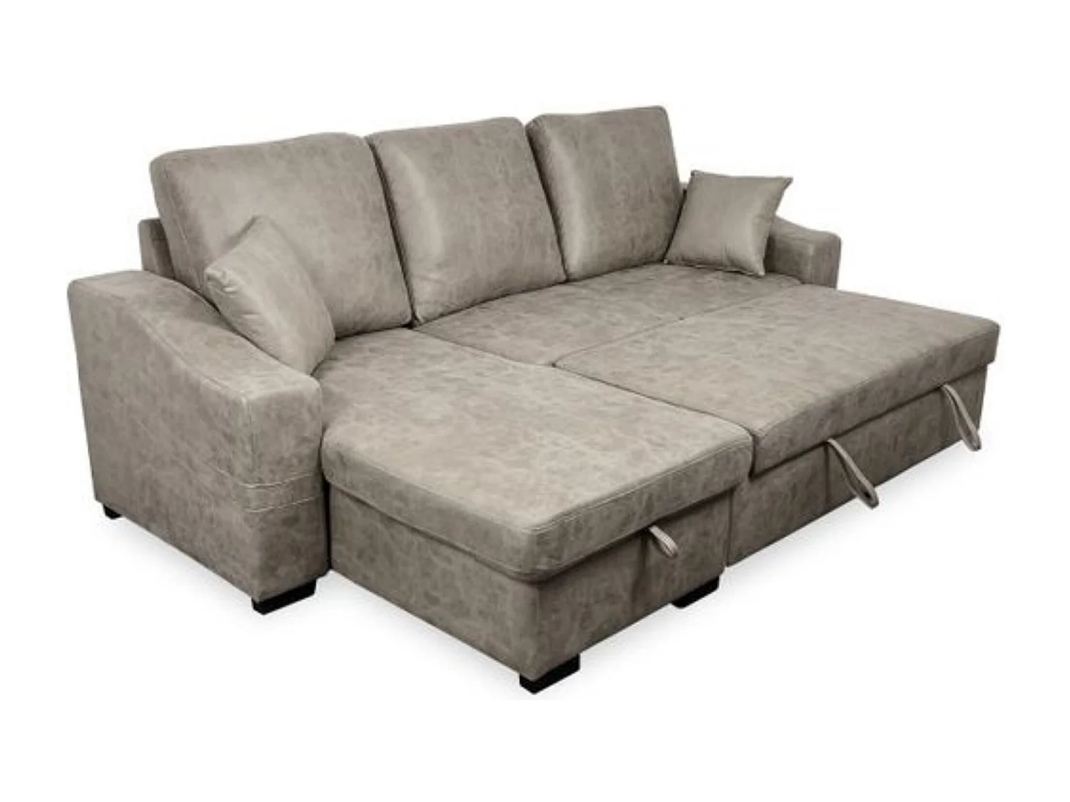 Sofá Cama 3 Plazas Reversible con Chaiselongue y Almacenaje, Tapizado en Tela Cemento, 253x95x156 cm