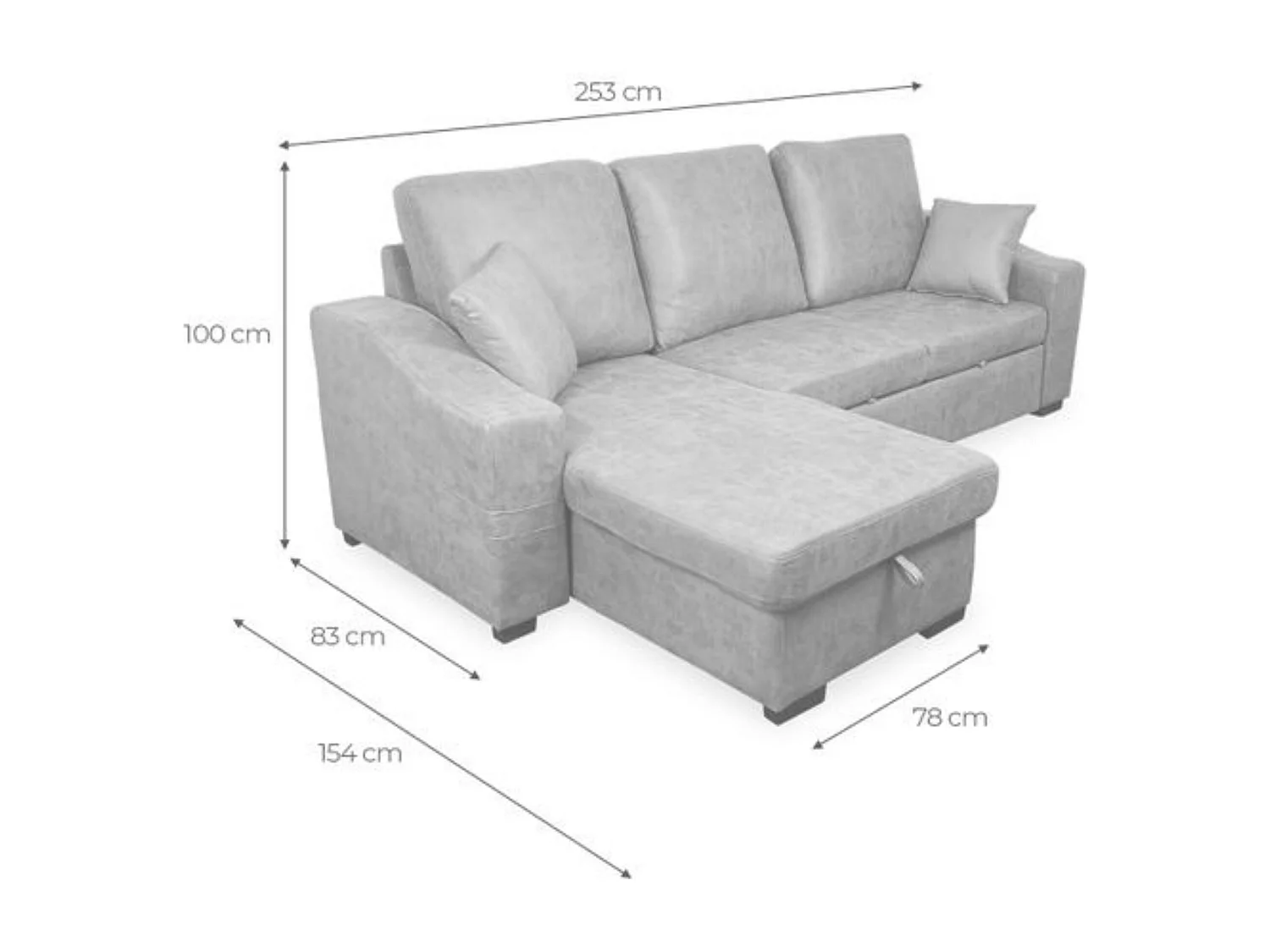 Sofá Cama 3 Plazas Reversible con Chaiselongue y Almacenaje, Tapizado en Tela Cemento, 253x95x156 cm