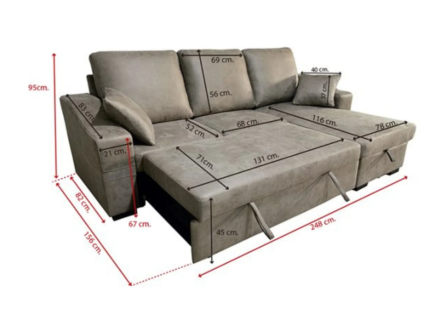 Sofá Cama 3 Plazas Reversible con Chaiselongue y Almacenaje, Tapizado en Tela Cemento, 253x95x156 cm