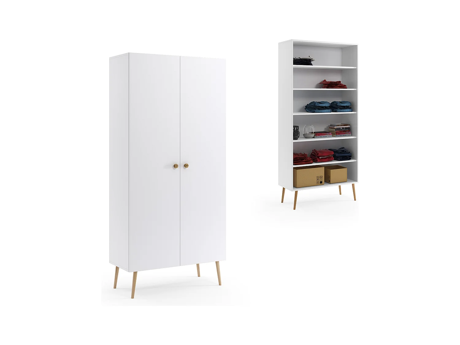 Armario Alto con 5 Estantes – Color Blanco 212x87x41 cm  – Diseño Escandinavo para Dormitorio o Salón
