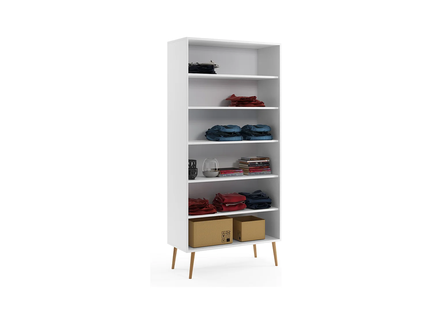 Armario Alto con 5 Estantes – Color Blanco 212x87x41 cm  – Diseño Escandinavo para Dormitorio o Salón