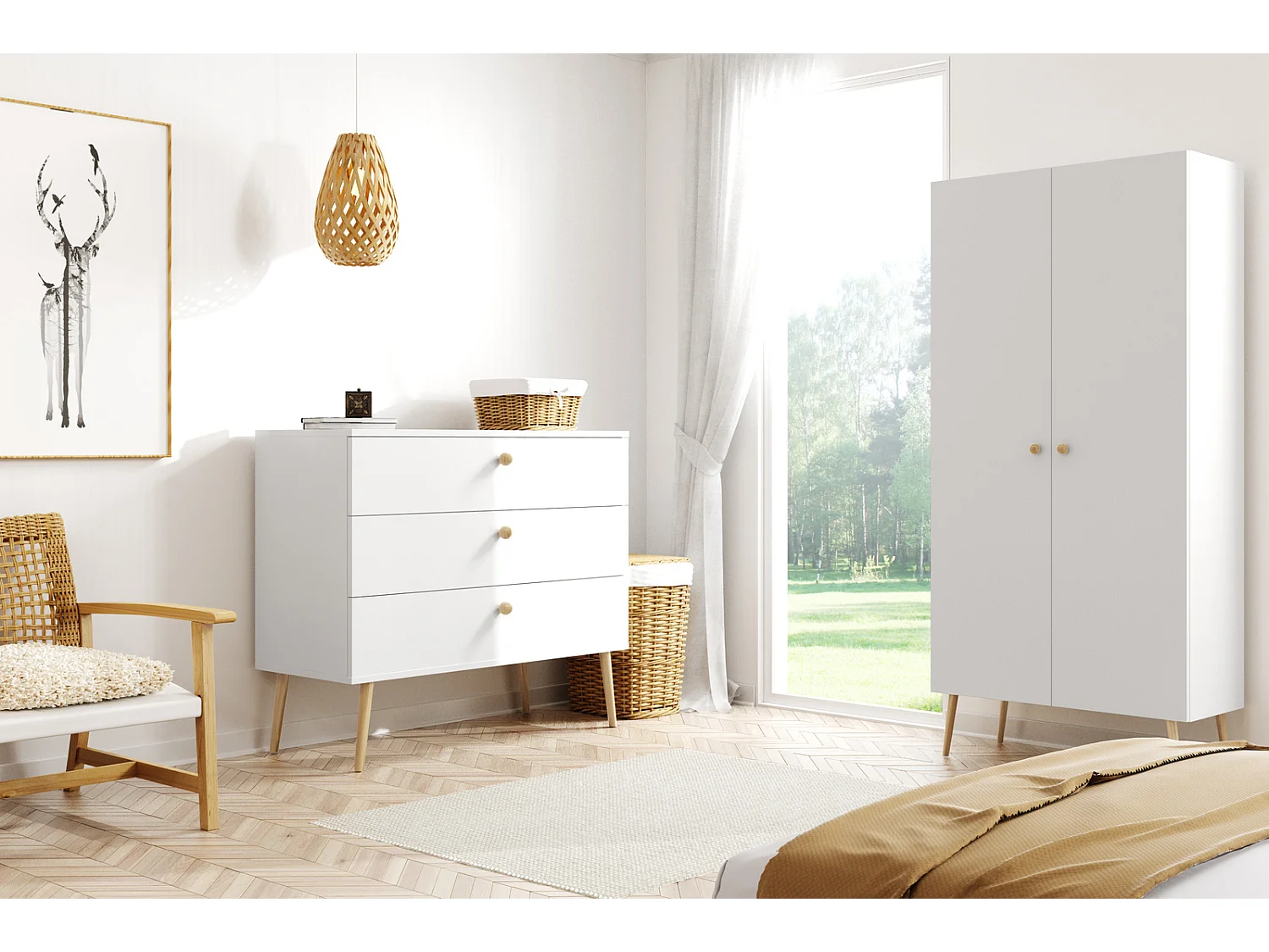 Armario Alto con 5 Estantes – Color Blanco 212x87x41 cm  – Diseño Escandinavo para Dormitorio o Salón