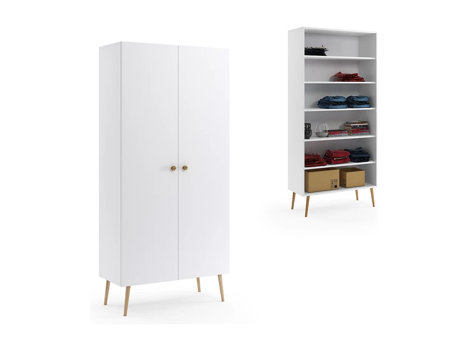 Armario Alto con 5 Estantes – Color Blanco 212x87x41 cm  – Diseño Escandinavo para Dormitorio o Salón