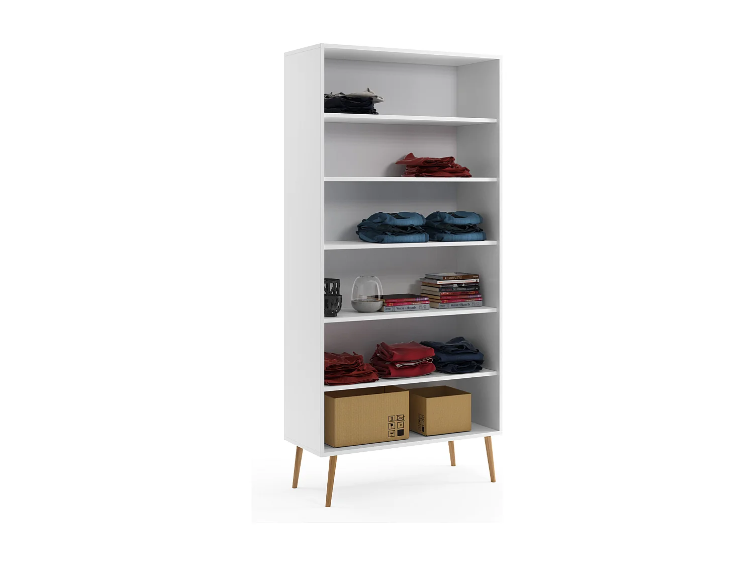 Armario Alto con 5 Estantes – Color Blanco 212x87x41 cm  – Diseño Escandinavo para Dormitorio o Salón