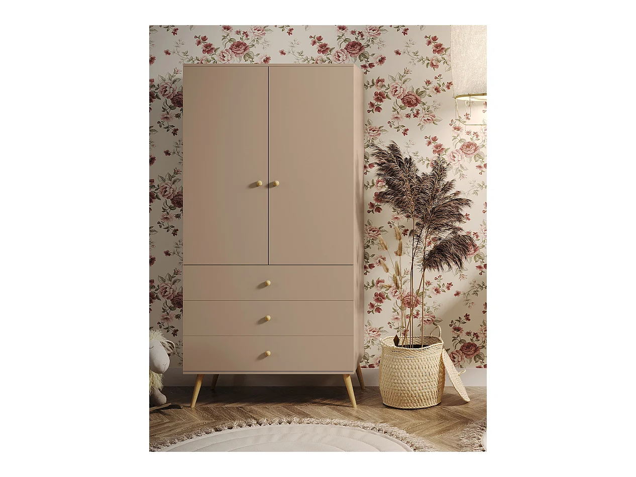 Armario Color Macchiato con 3 Cajones y Barra – Patas de Madera – 202x100x52 cm – Estilo Escandinavo