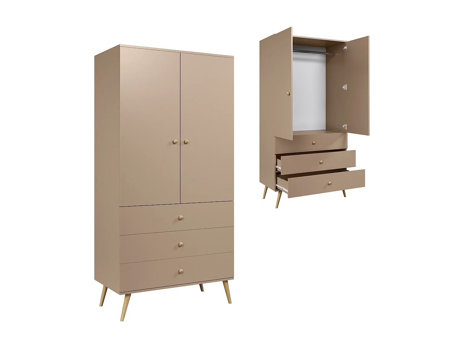 Armario Color Macchiato con 3 Cajones y Barra – Patas de Madera – 202x100x52 cm – Estilo Escandinavo