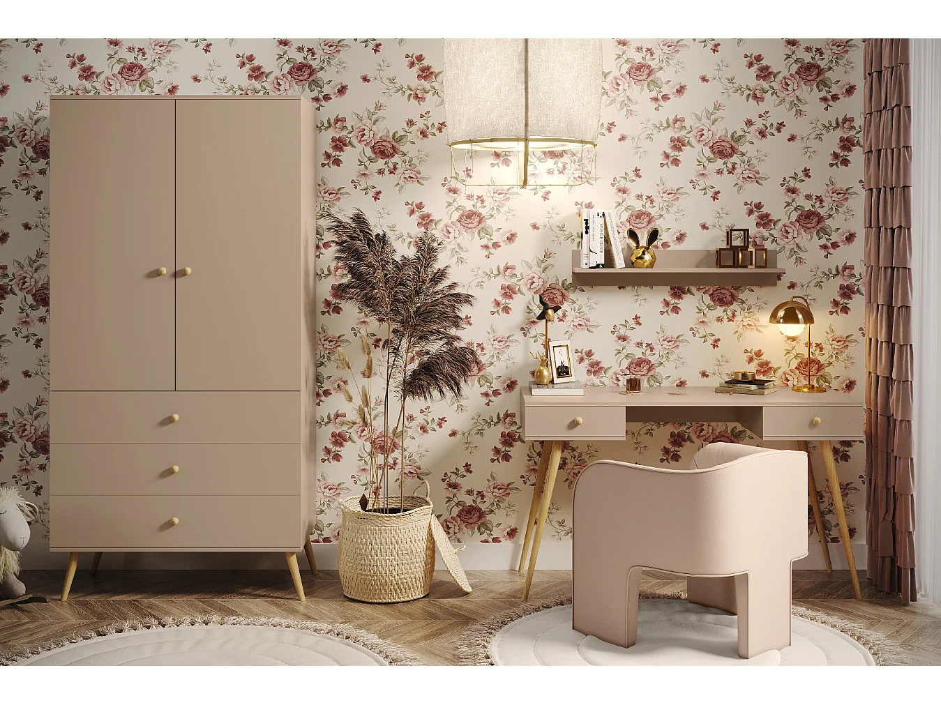 Armario Color Macchiato con 3 Cajones y Barra – Patas de Madera – 202x100x52 cm – Estilo Escandinavo