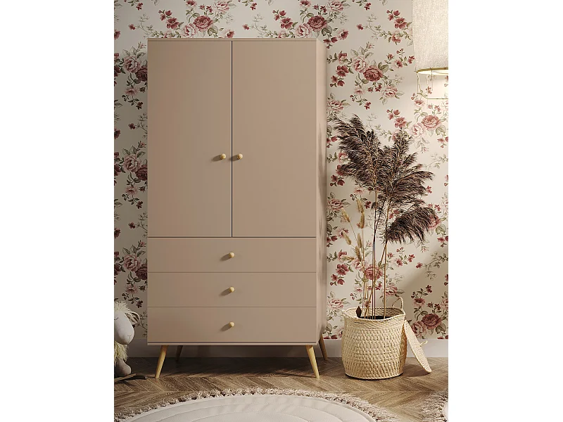 Armario Color Macchiato con 3 Cajones y Barra – Patas de Madera – 202x100x52 cm – Estilo Escandinavo