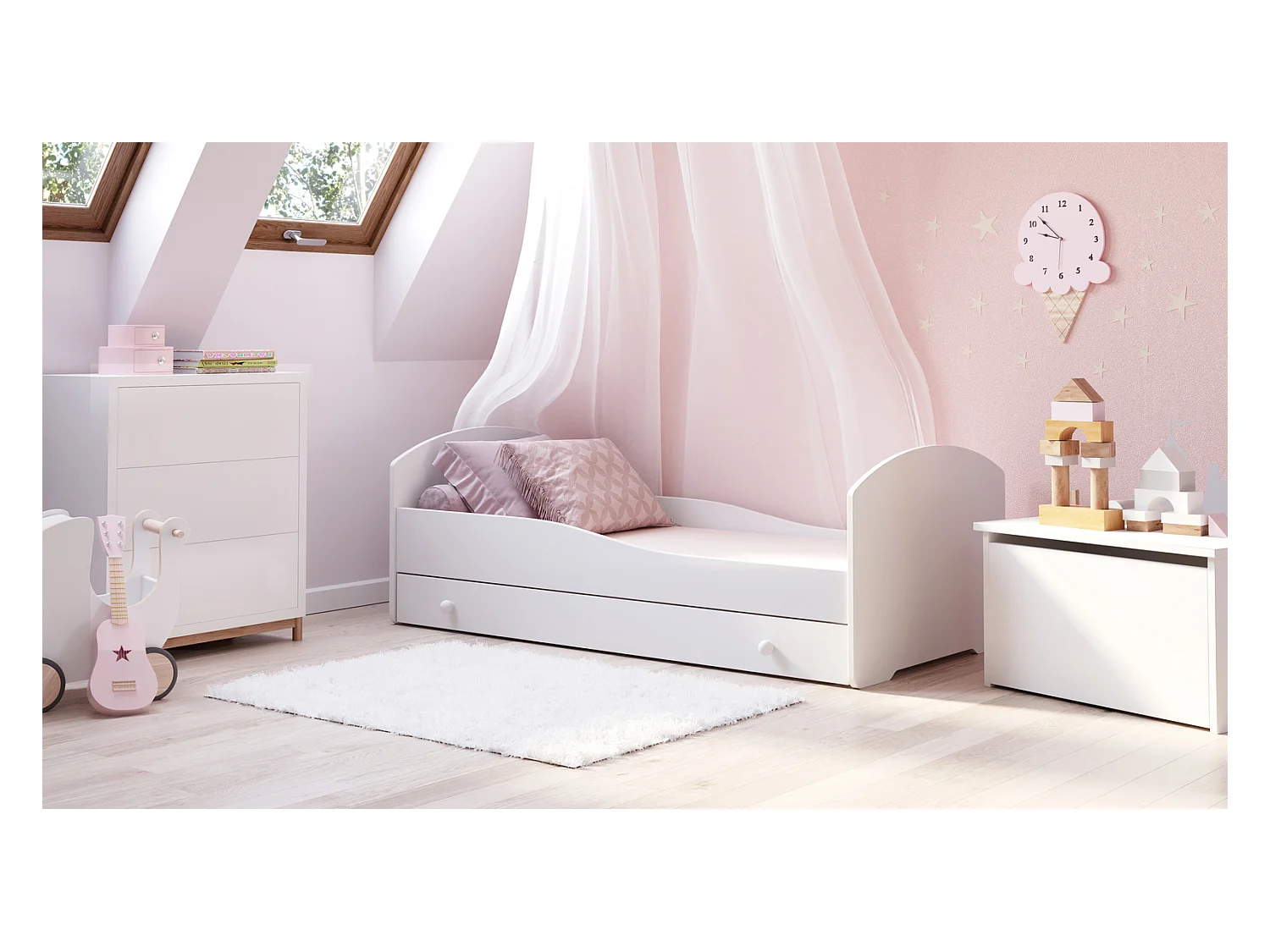 Cama Nido Color Blanco Estilo Escandinavo Dibujo 140x70 cm con Cajón – Incluye Colchón de Espuma, Base y Estructura Completa