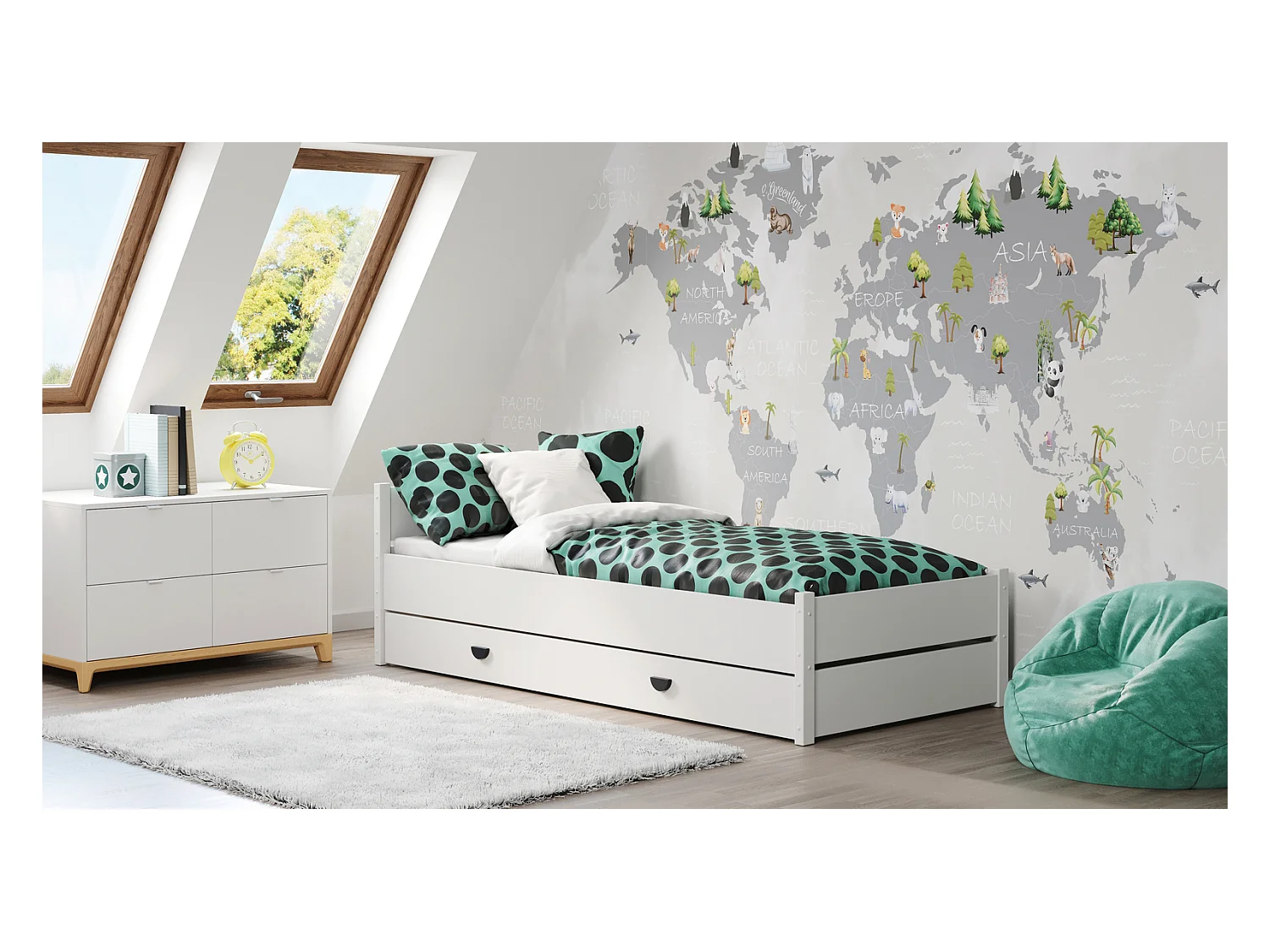 Cama Blanca 200x90 cm con Cajón y Colchón – Incluye Estructura, Cajón con Ruedas, Colchón de Espuma 8 cm con Funda Extraíble y Accesorios, Dimensiones