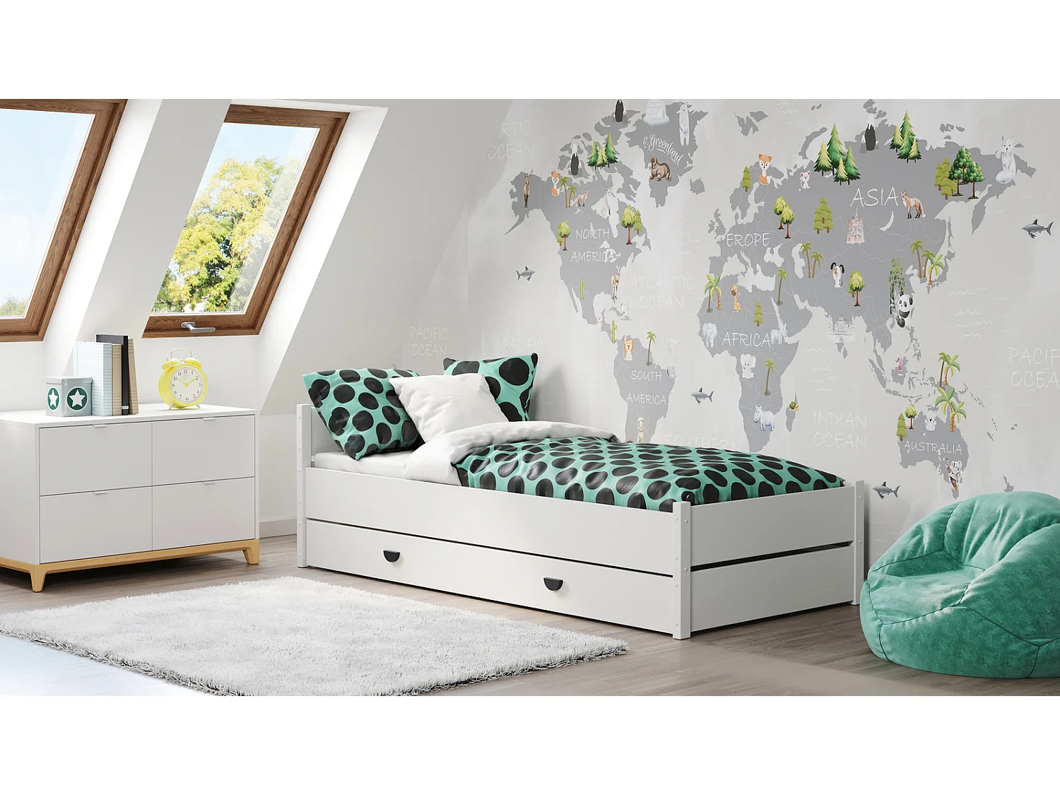 Cama Blanca 200x90 cm con Cajón y Colchón – Incluye Estructura, Cajón con Ruedas, Colchón de Espuma 8 cm con Funda Extraíble y Accesorios, Dimensiones