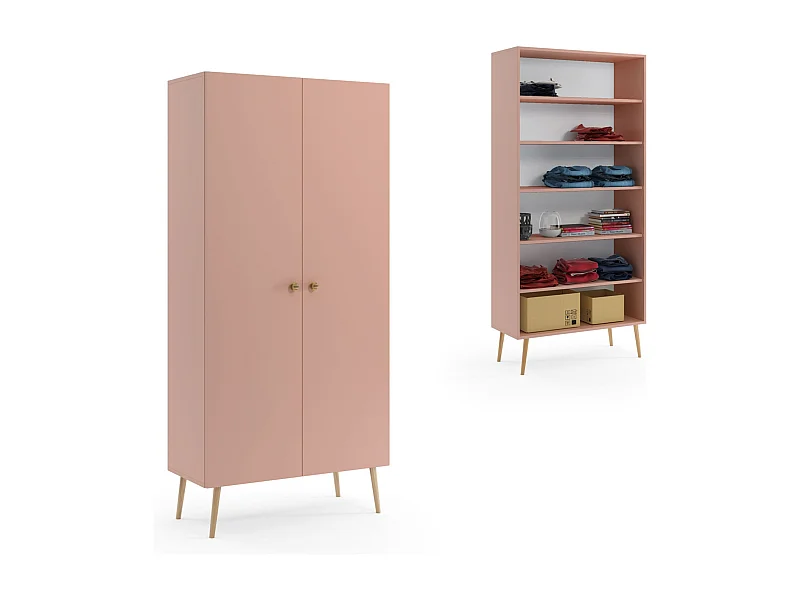 Armario Alto con 5 Estantes – Color Rosa 212x87x41 cm  – Diseño Escandinavo para Dormitorio o Salón