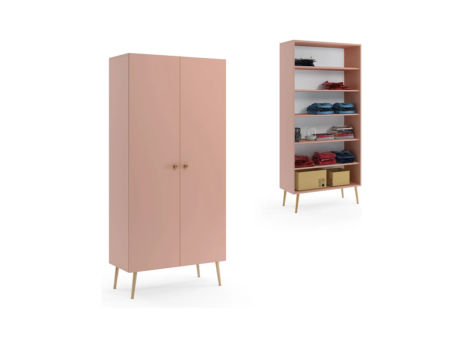 Armario Alto con 5 Estantes – Color Rosa 212x87x41 cm  – Diseño Escandinavo para Dormitorio o Salón
