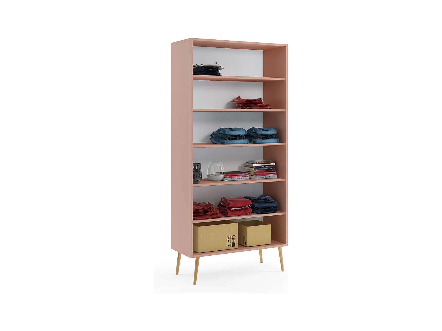 Armario Alto con 5 Estantes – Color Rosa 212x87x41 cm  – Diseño Escandinavo para Dormitorio o Salón