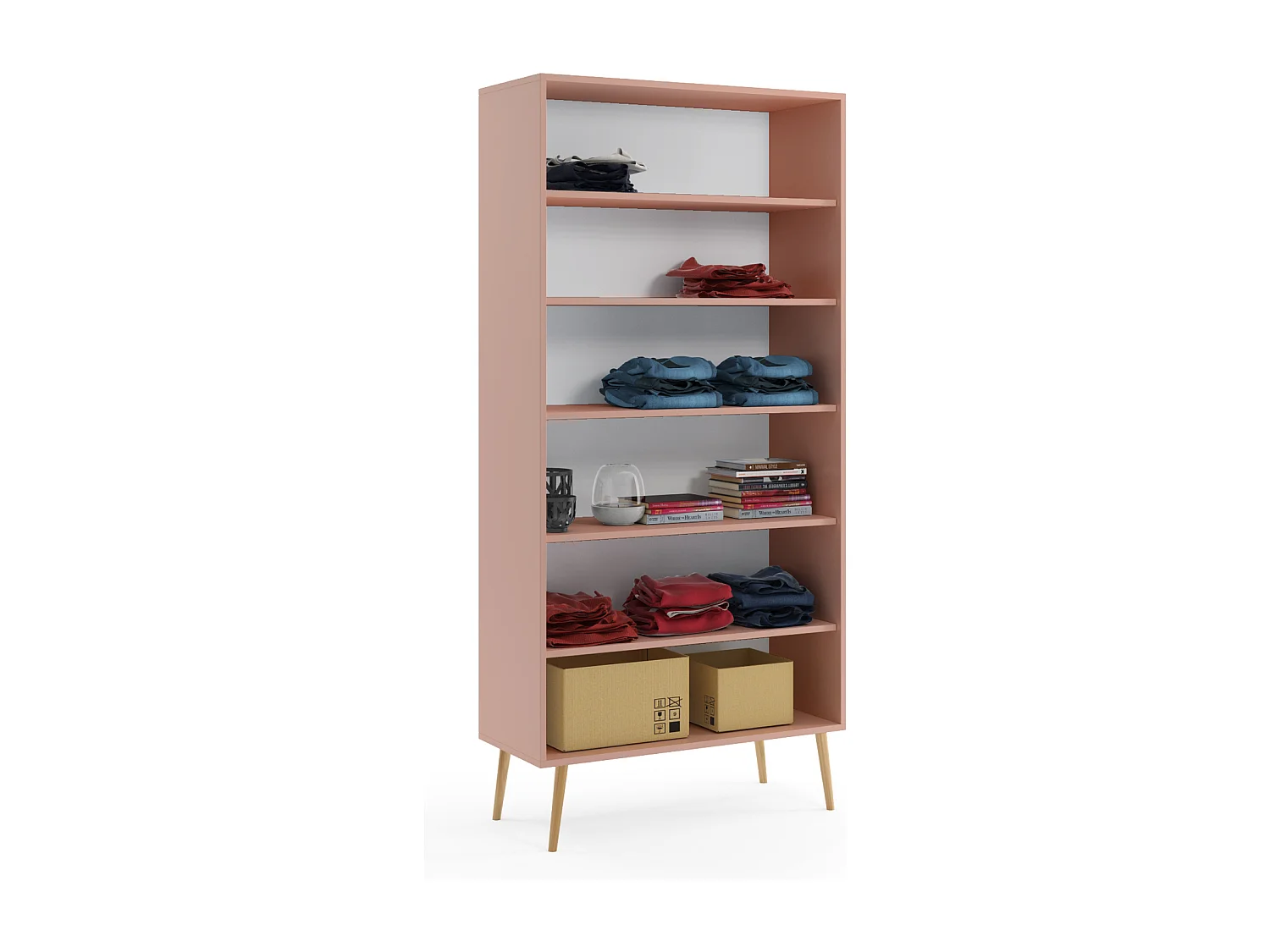 Armario Alto con 5 Estantes – Color Rosa 212x87x41 cm  – Diseño Escandinavo para Dormitorio o Salón